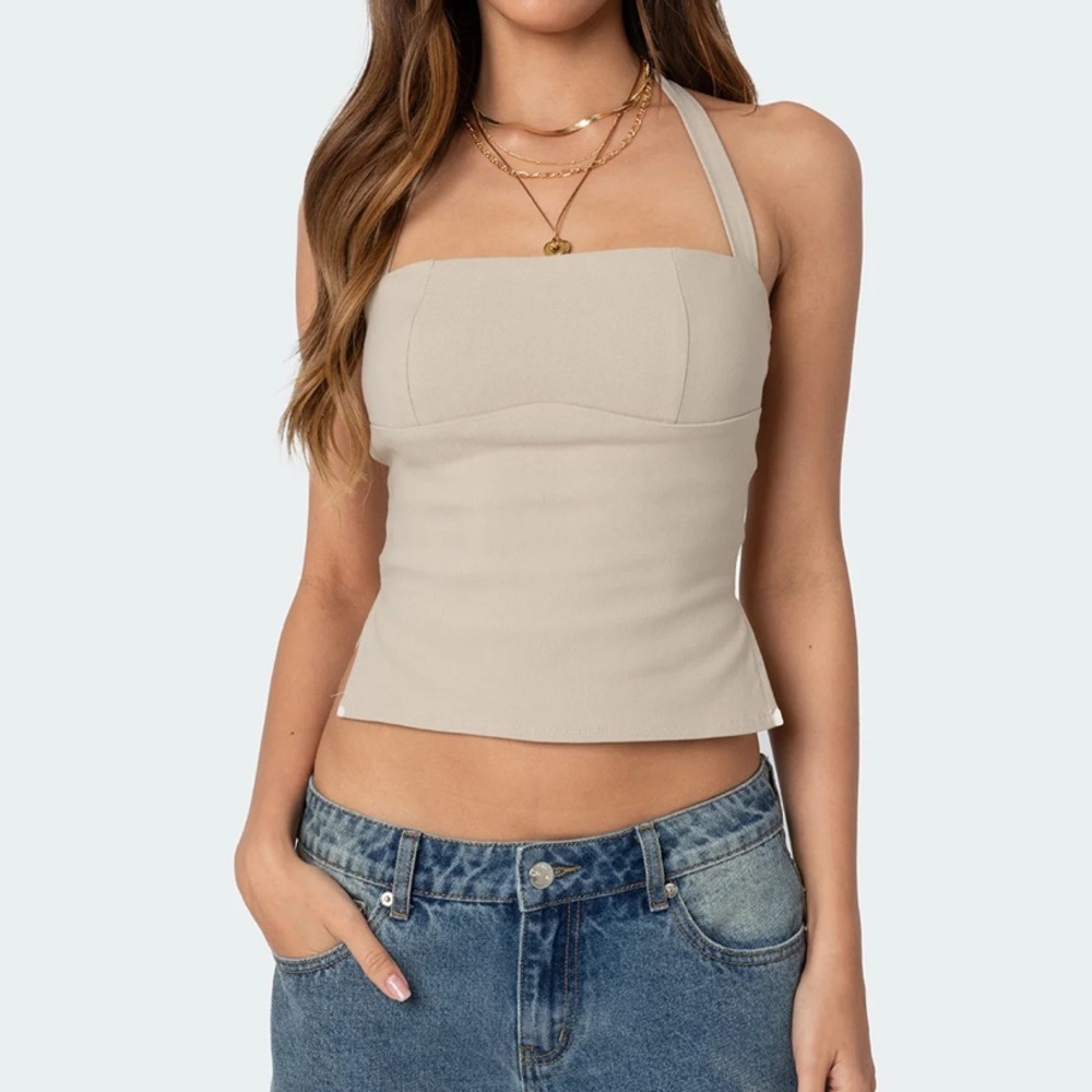 Edikted Women's Beige Strapless Top | DARA HALTER TOP beige | Cute going out top